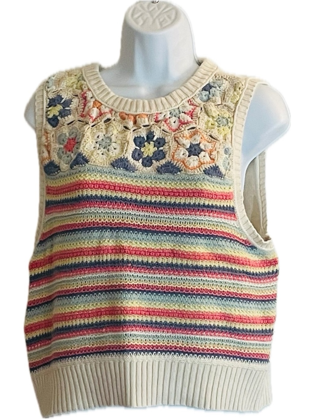 American Eagle Outfitters Cream Crochet Floral Stripe Knit Tank